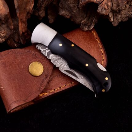 Black Bull Horn Grip Handmade Damascus Folding Pocket Knife