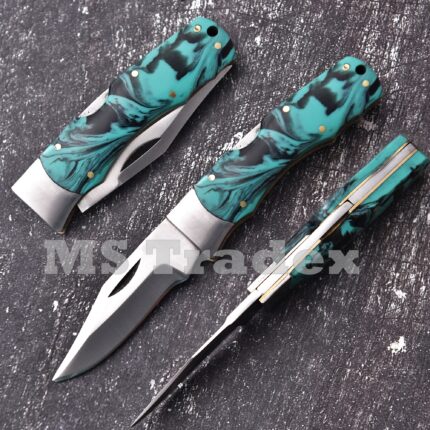 Handcrafted Back-Lock Folding Knife – Marbled Turquoise & Onyx Resin Handle with Stainless Bolsters