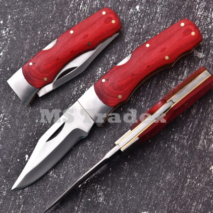 Handcrafted Back-Lock Folding Knife – Red Pakka Wood Handle with Stainless Bolsters (Copy)