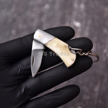 Handmade Miniature Folding Knife Keychain – Genuine Bone Handle & Stainless Steel Bolster