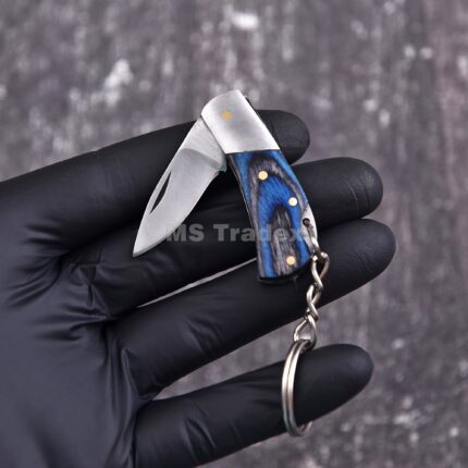 Handmade Miniature Folding Knife Keychain – Deep Sea Blue & Charcoal Pakkawood Handle